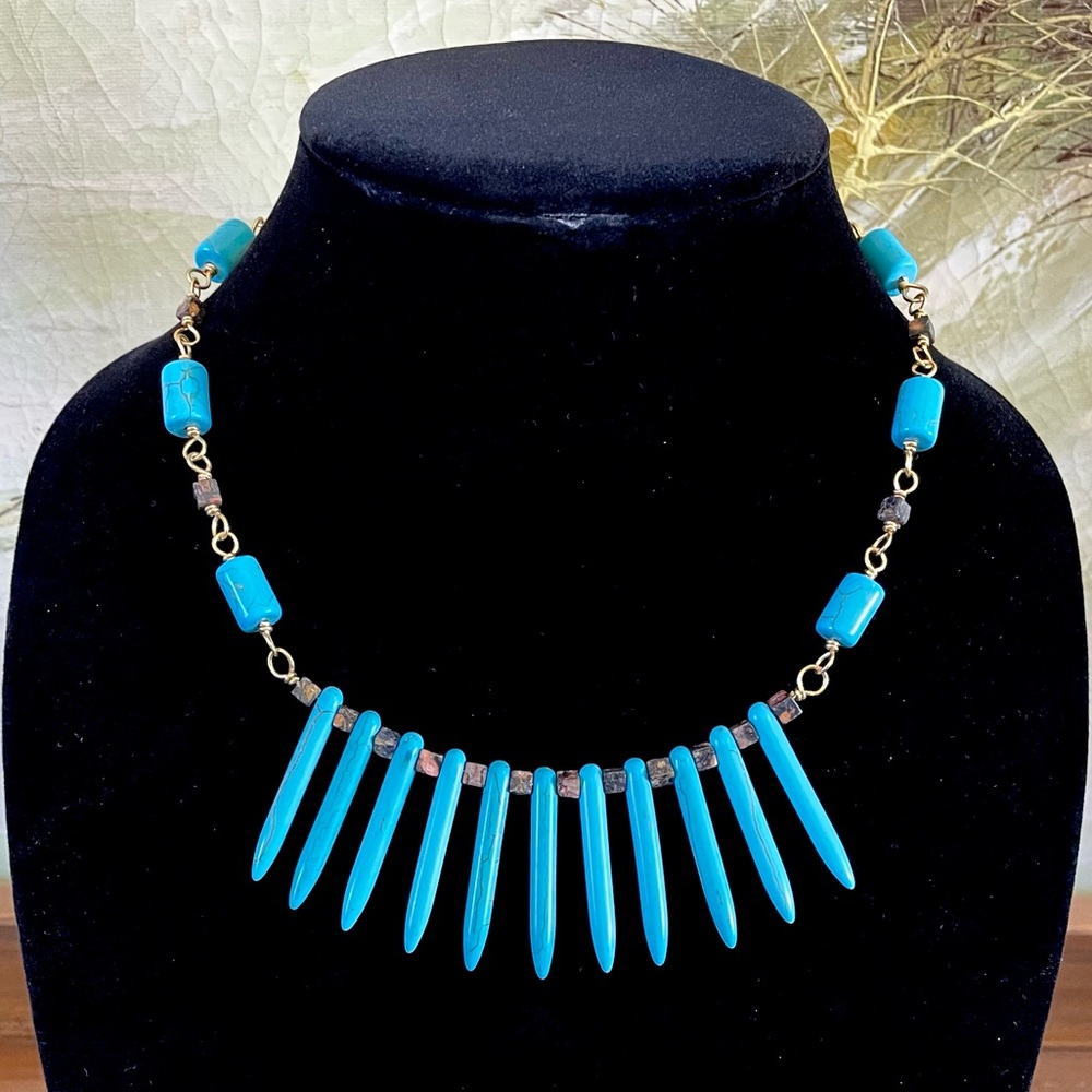 Unique Turquoise-Howlite Spike & Leopard Jasper Necklace